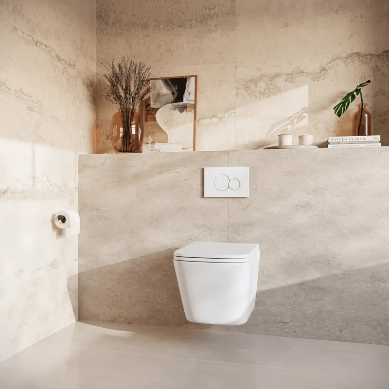 Hangtoilet met Inbouwreservoir - Vierkant Wit - Drukplaat Rond Wit - Linea