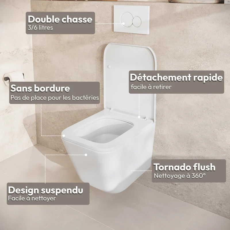 Hangtoilet met Inbouwreservoir - Vierkant Wit - Drukplaat Rond Wit - Linea