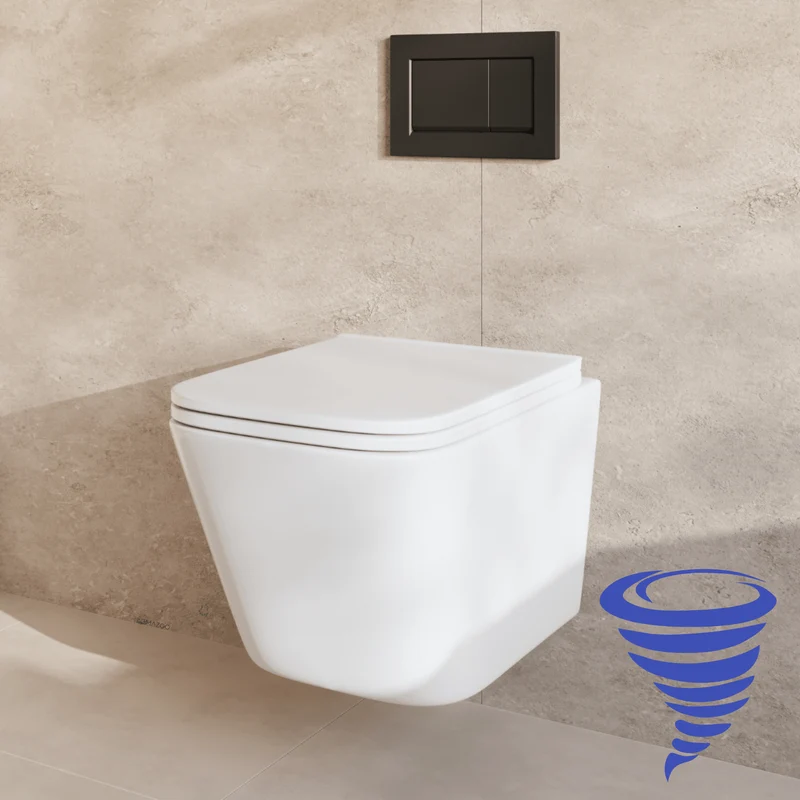 Hangtoilet met Inbouwreservoir - Vierkant Wit - Drukplaat Vierkant Zwart - Linea
