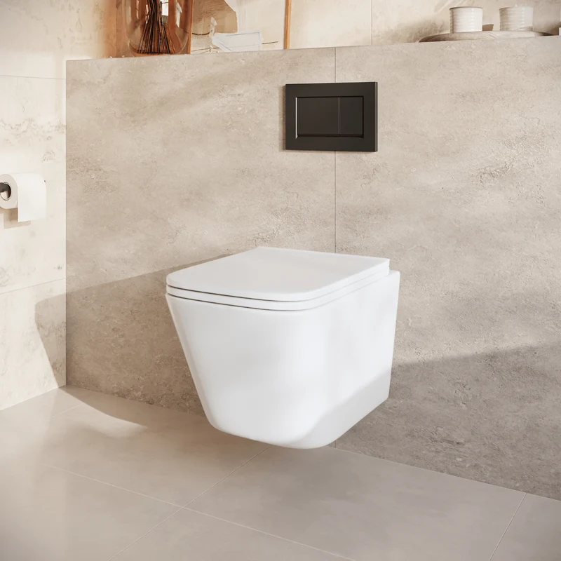 Hangtoilet met Inbouwreservoir - Vierkant Wit - Drukplaat Vierkant Zwart - Linea