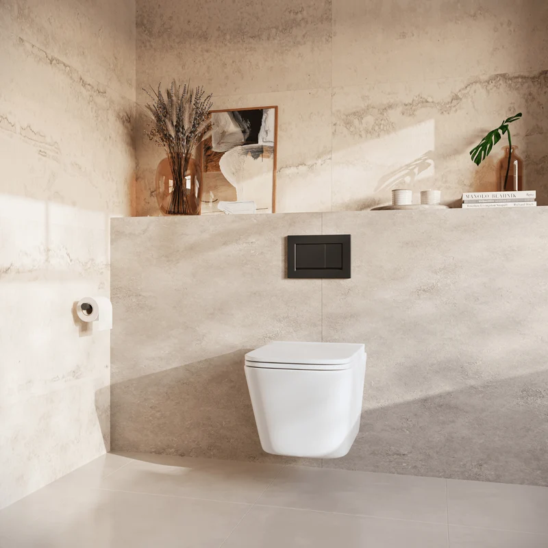 Hangtoilet met Inbouwreservoir - Vierkant Wit - Drukplaat Vierkant Zwart - Linea