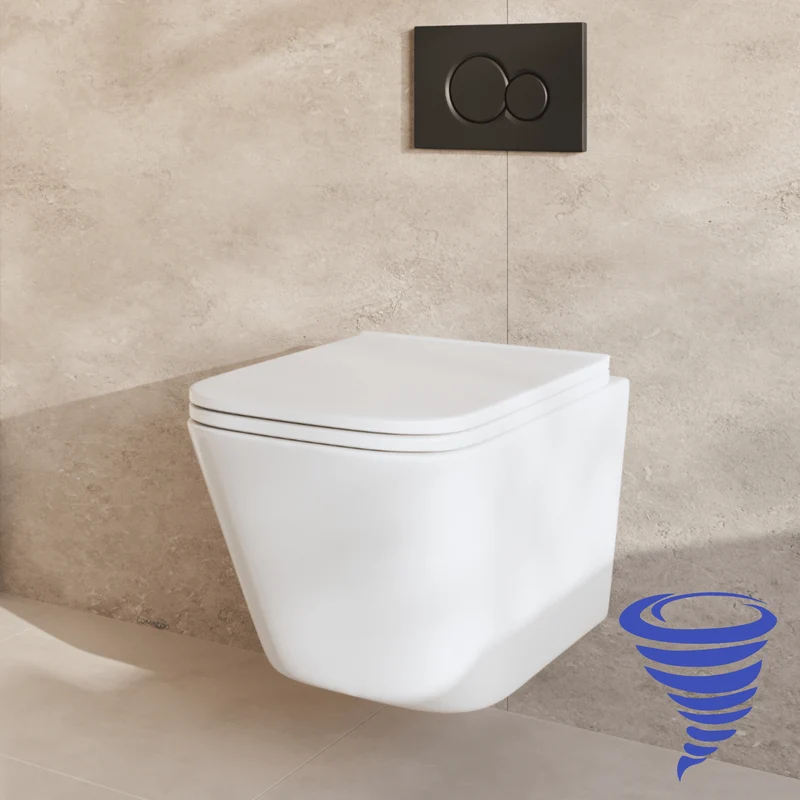 Hangtoilet met Inbouwreservoir - Vierkant Wit - Drukplaat Rond Zwart - Linea