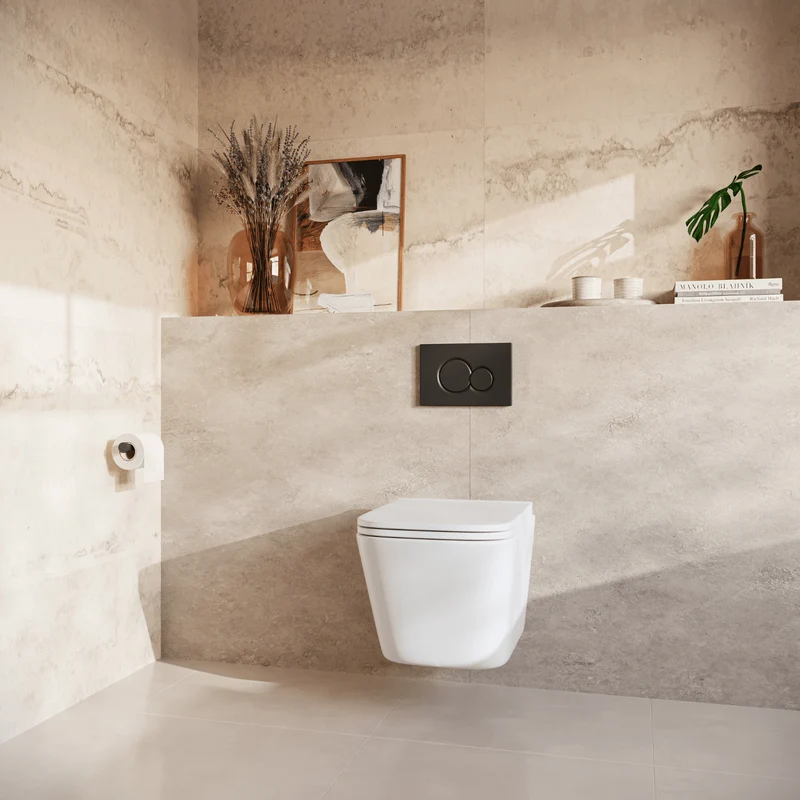 Hangtoilet met Inbouwreservoir - Vierkant Wit - Drukplaat Rond Zwart - Linea