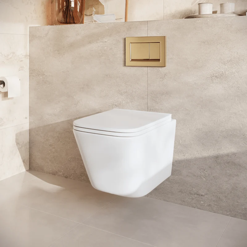 Hangtoilet met Inbouwreservoir - Vierkant Wit - Drukplaat Vierkant Goud - Linea