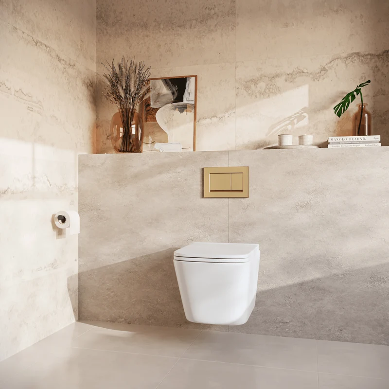 Hangtoilet met Inbouwreservoir - Vierkant Wit - Drukplaat Vierkant Goud - Linea
