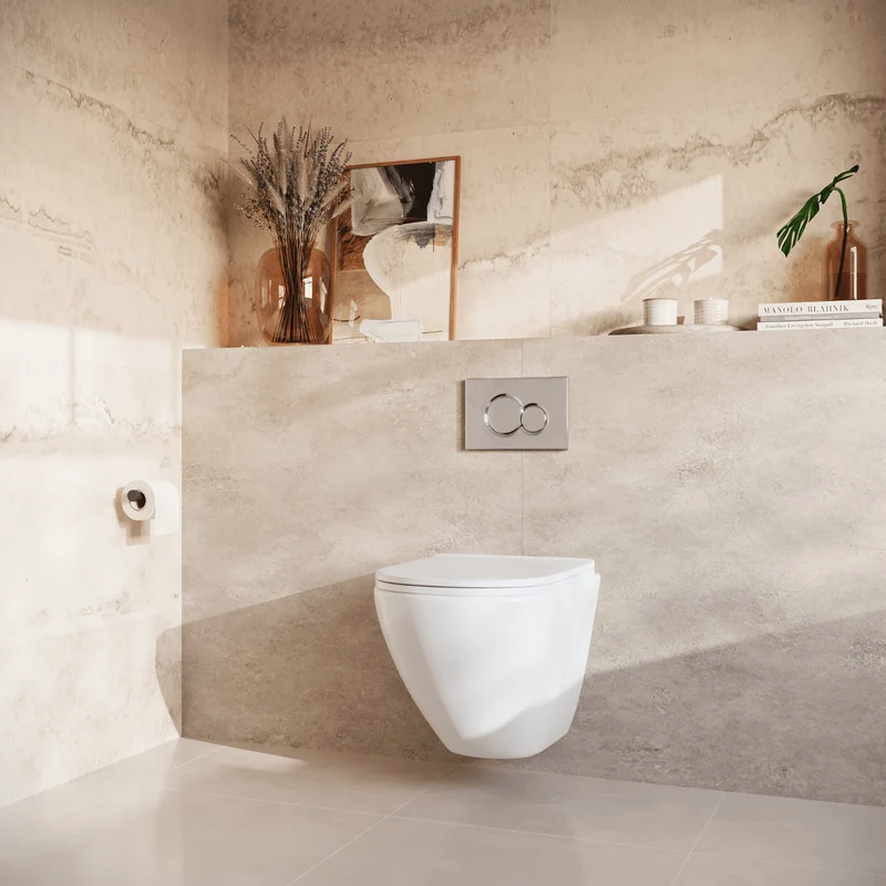 Hangtoilet met Inbouwreservoir - Rond Wit - Drukplaat Rond Chroom - Linea