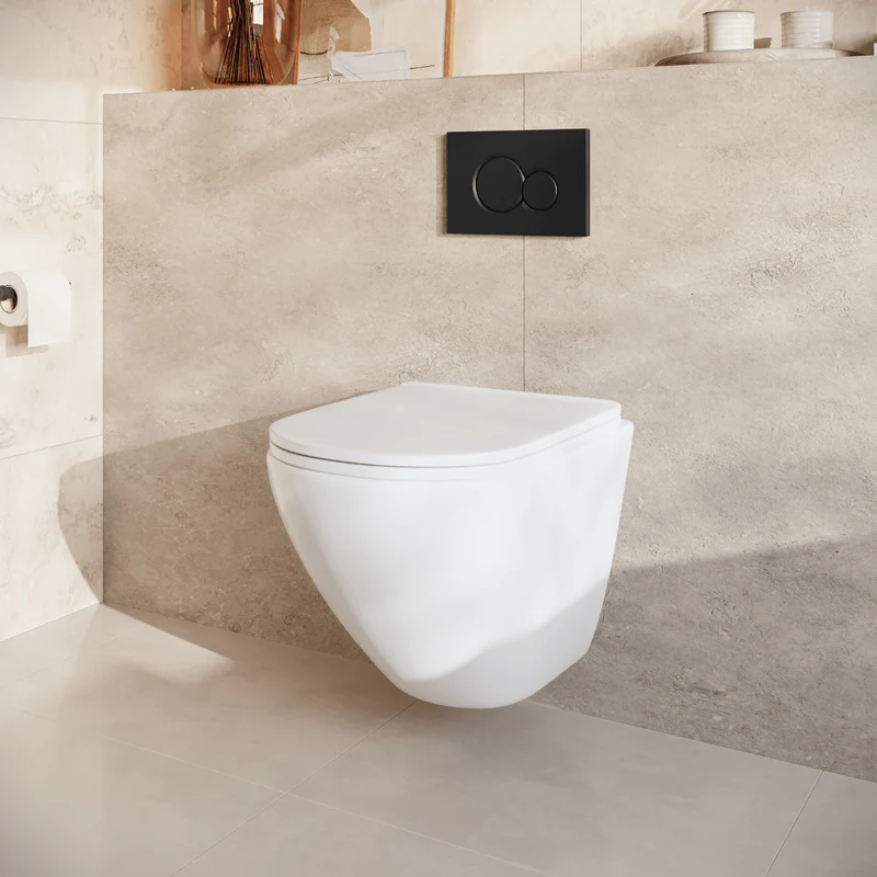 Hangtoilet met Inbouwreservoir - Rond Wit - Drukplaat Rond Zwart - Linea