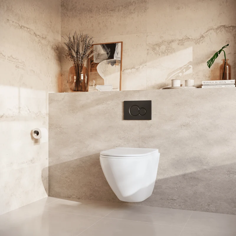 Hangtoilet met Inbouwreservoir - Rond Wit - Drukplaat Rond Zwart - Linea