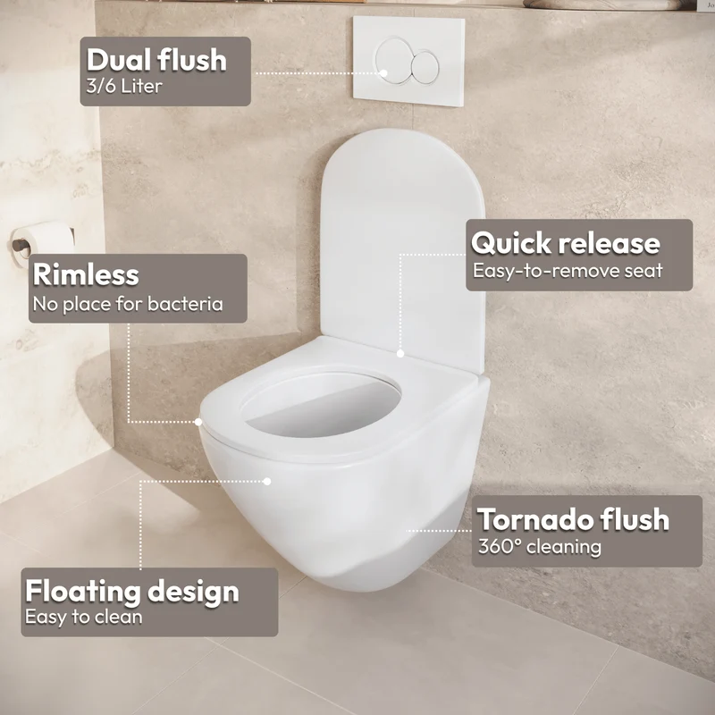 Hangtoilet met Inbouwreservoir - Rond Wit - Drukplaat Rond Zwart - Linea