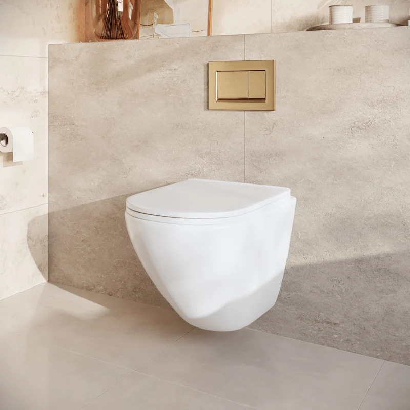 Hangtoilet met Inbouwreservoir - Rond Wit - Drukplaat Vierkant Goud - Linea