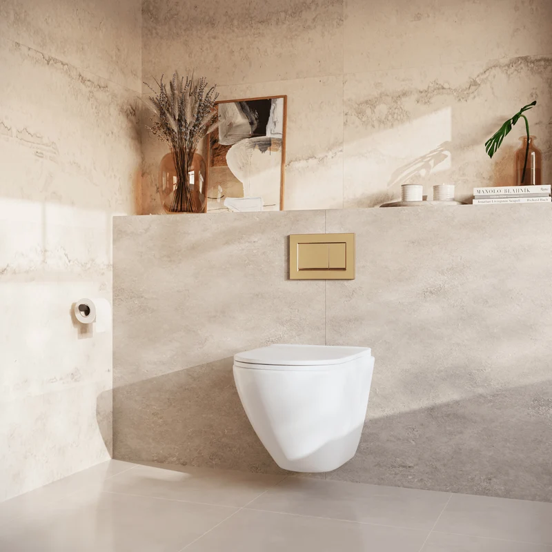 Hangtoilet met Inbouwreservoir - Rond Wit - Drukplaat Vierkant Goud - Linea