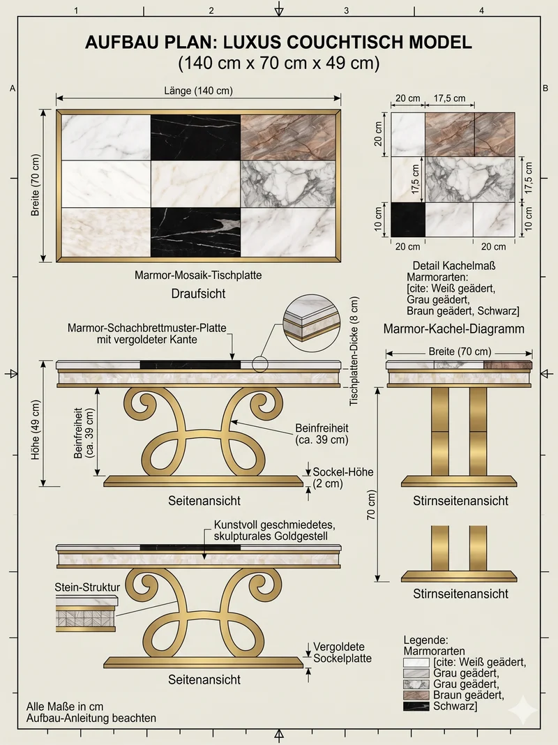 Designer-Couchtisch aus Echtem Marmor im Schachbrett-Look mit Vergoldetem Gestell