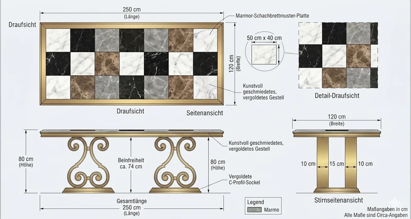 Designer-Esstisch aus Echtem Marmor im Schachbrett-Look mit Vergoldetem Gestell