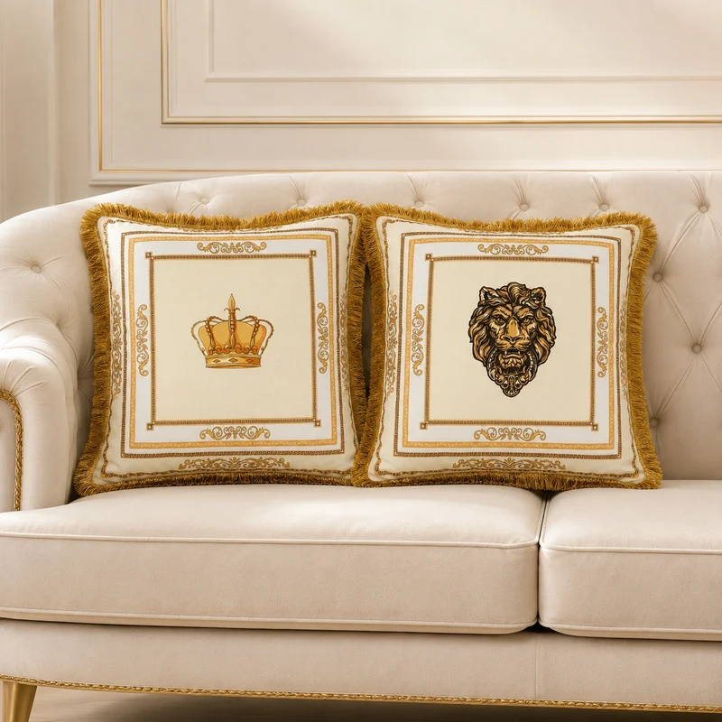 Luxus Samt-Kissen mit Löwen- oder Kronenmotiv – Elegantes Wohnaccessoire in Beige/Weiß (45x45 & 60x60 cm)