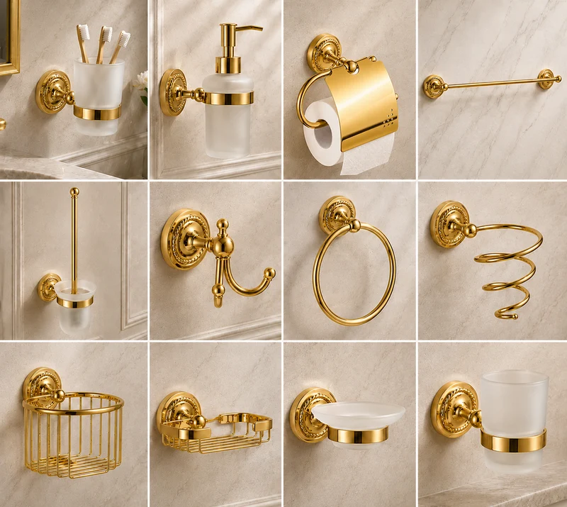 Toilettenreserverrollenhalter, Duschablage Wandkorb aus Messing – Gold poliert