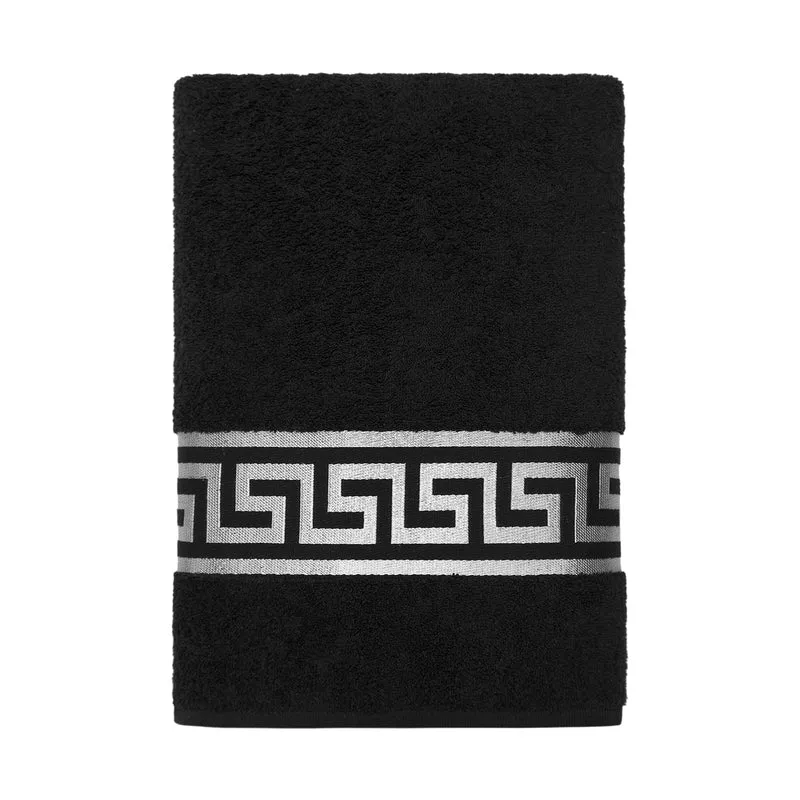 Mäander Löwe Luxus Handtücher – 100% Baumwolle, Saugfähig & Öko-Tex Zertifiziert – Schwarz mit Silber Stickerei für Bad, Sauna & Sport