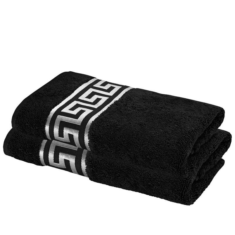 Mäander Löwe Luxus Handtücher – 100% Baumwolle, Saugfähig & Öko-Tex Zertifiziert – Schwarz mit Silber Stickerei für Bad, Sauna & Sport