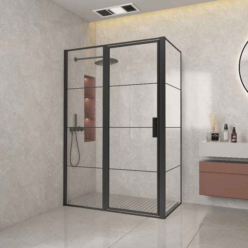 Duschabtrennung mit Schwenktür und festem Seitenteil BREDA CUADRA Schwarz Matt - Glas 8 mm