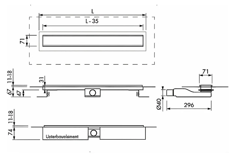 FORMAT Tec Flex-F Duschrinne Komplett-Set, frei befliesbar, Edelstahl gebürstet, 700 bis 1000 mm, Art.Nr. 246783 bis 246786