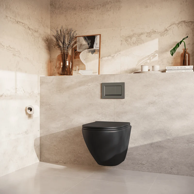 Hangtoilet met Inbouwreservoir - Rond Zwart - Drukplaat Vierkant Gunmetal - Linea