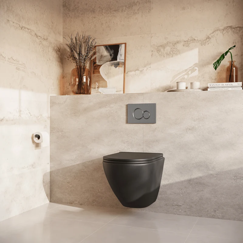 Hangtoilet met Inbouwreservoir - Rond Zwart - Drukplaat Rond Gunmetal - Linea