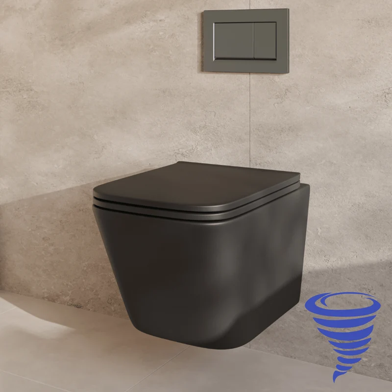 Hangtoilet met Inbouwreservoir - Vierkant Zwart - Drukplaat Vierkant Gunmetal - Linea