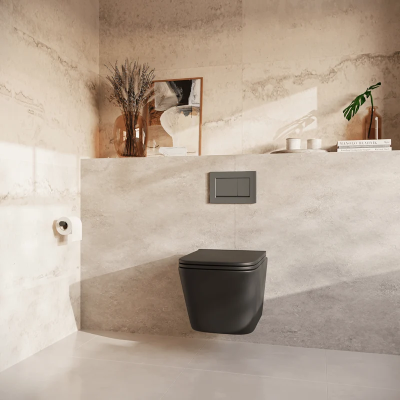 Hangtoilet met Inbouwreservoir - Vierkant Zwart - Drukplaat Vierkant Gunmetal - Linea