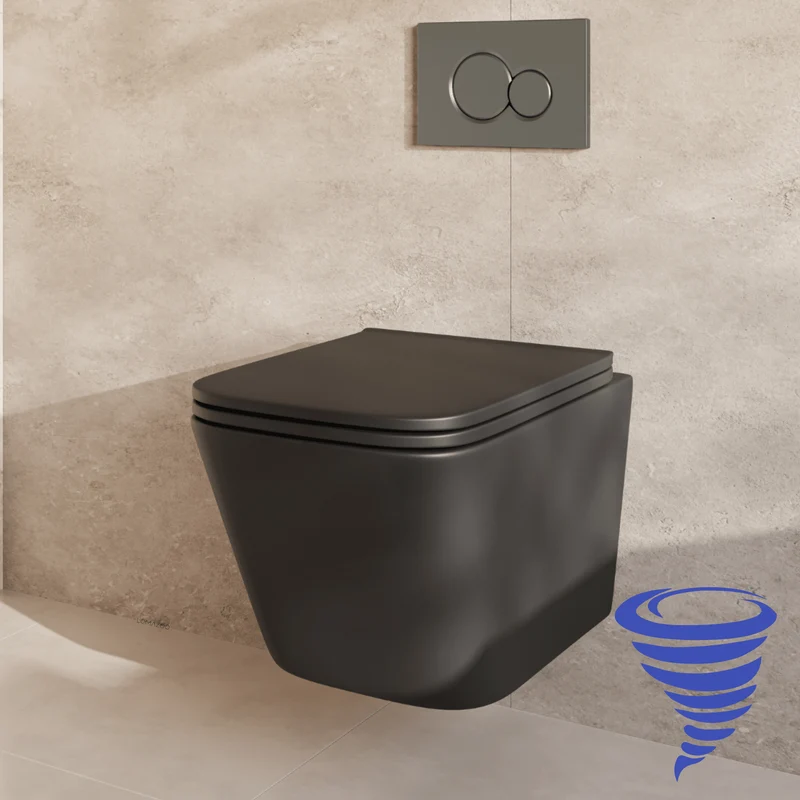 Hangtoilet met Inbouwreservoir - Vierkant Zwart - Drukplaat Rond Gunmetal - Linea