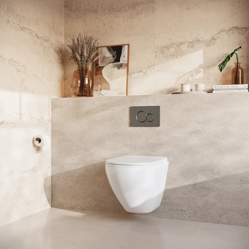 Hangtoilet met Inbouwreservoir - Rond Wit - Drukplaat Rond Gunmetal - Linea