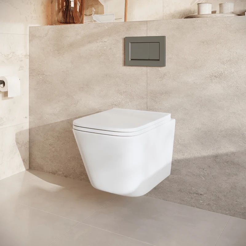 Hangtoilet met Inbouwreservoir - Vierkant Wit - Drukplaat Vierkant Gunmetal - Linea
