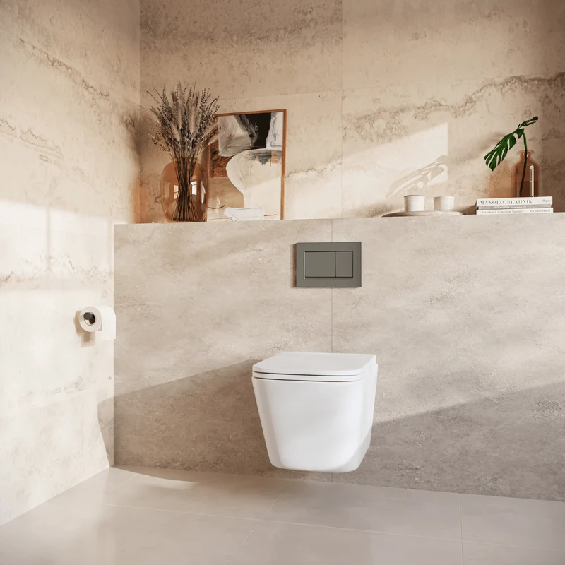 Hangtoilet met Inbouwreservoir - Vierkant Wit - Drukplaat Vierkant Gunmetal - Linea