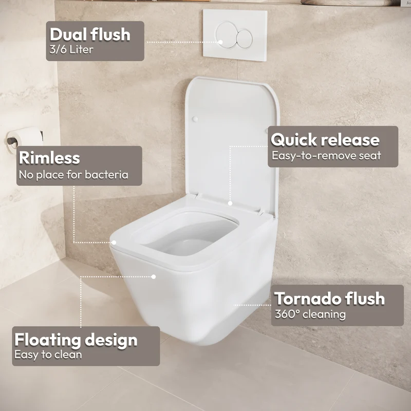 Hangtoilet met Inbouwreservoir - Vierkant Wit - Drukplaat Vierkant Gunmetal - Linea
