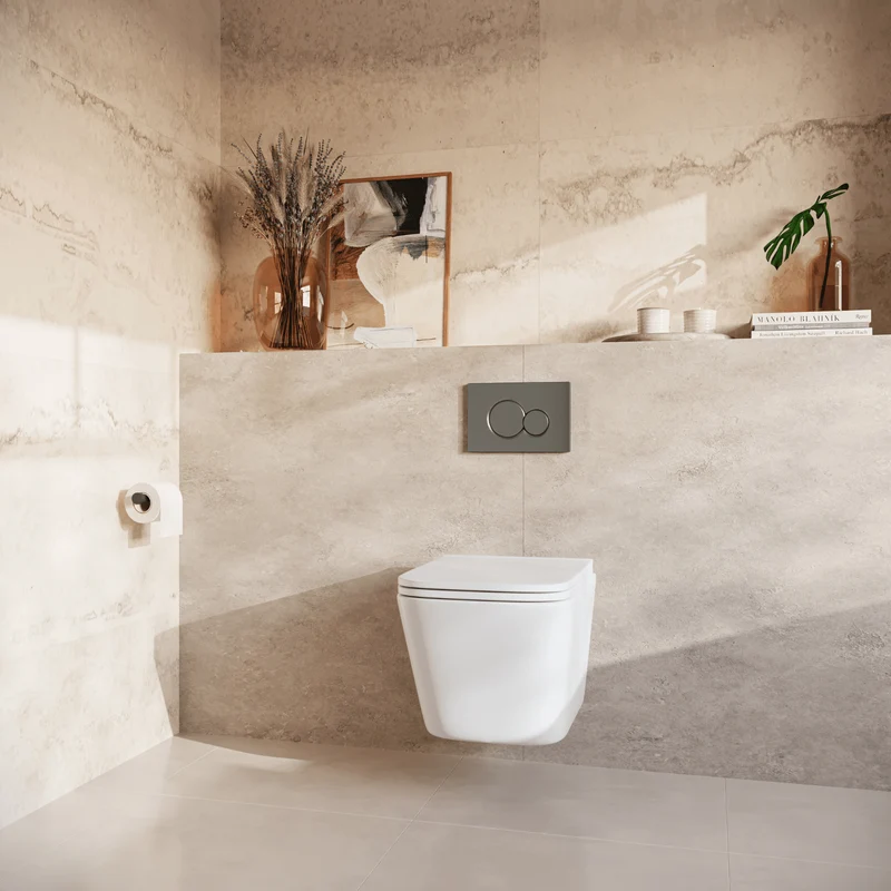 Hangtoilet met Inbouwreservoir - Vierkant Wit - Drukplaat Rond Gunmetal - Linea