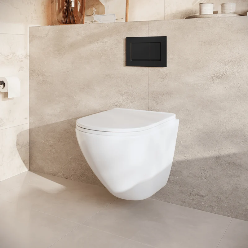 Hangtoilet met Inbouwreservoir - Rond Wit - Drukplaat Vierkant Zwart - Linea