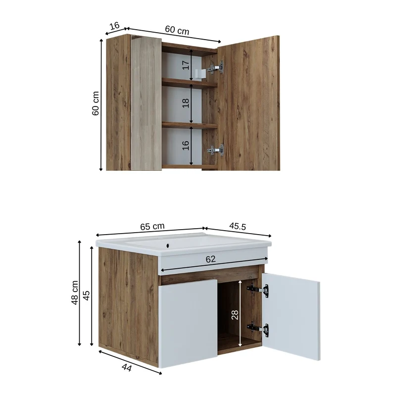 Roomart 3-teiliges Badmöbel-Set ATRIA, 65 cm, mit Keramikbecken und Spiegelschrank, in 4 Farben