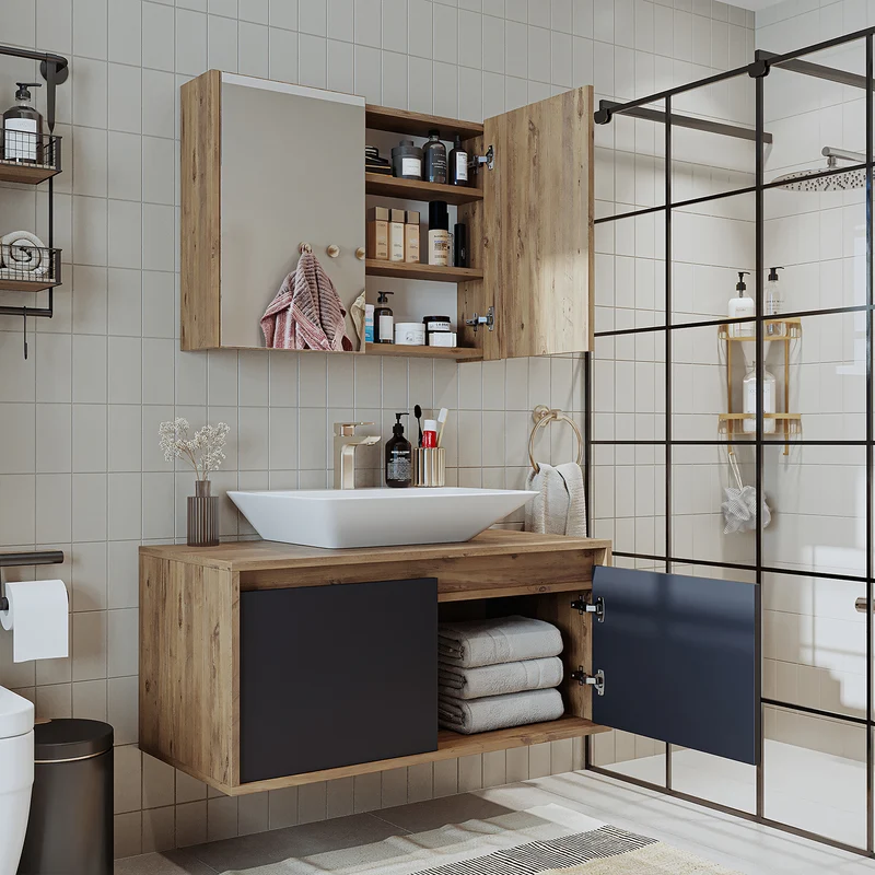 Roomart 3-teiliges Badmöbel-Set ATLANTIC, 100 cm, mit Aufsatzbecken und Spiegelschrank, in 5 Farben