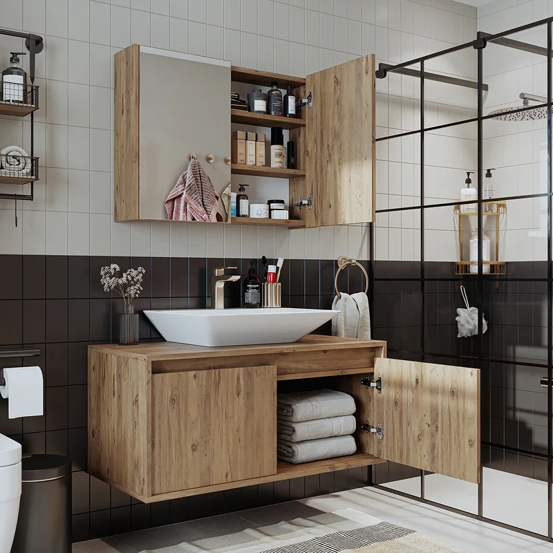 Roomart 3-teiliges Badmöbel-Set ATLANTIC, 100 cm, mit Aufsatzbecken und Spiegelschrank, in 5 Farben