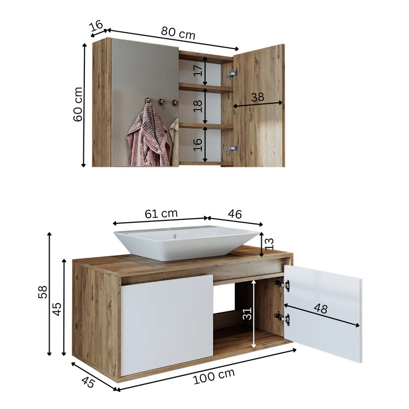 Roomart 3-teiliges Badmöbel-Set ATLANTIC, 100 cm, mit Aufsatzbecken und Spiegelschrank, in 5 Farben