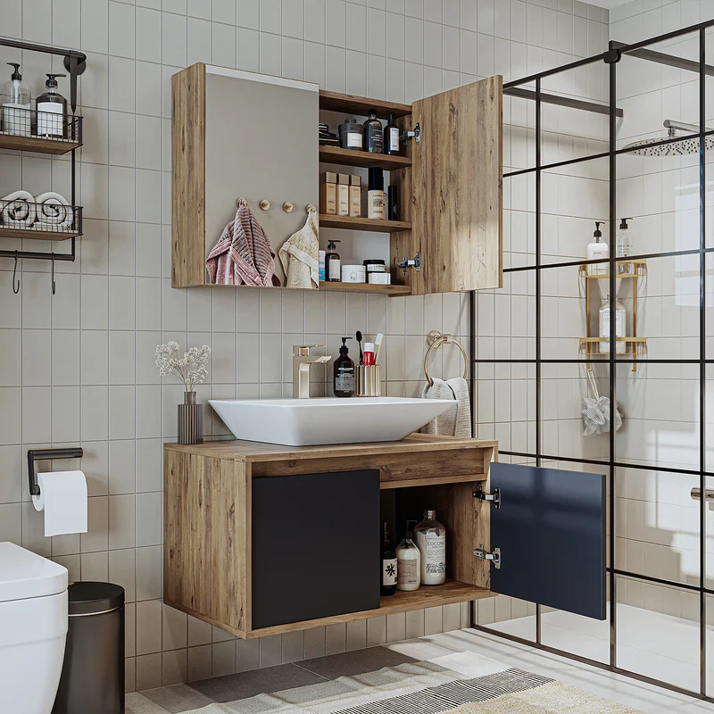 Roomart 3-teiliges Badmöbel-Set ATLANTIC, 85 cm, mit Aufsatzbecken und Spiegelschrank, in 5 Farben