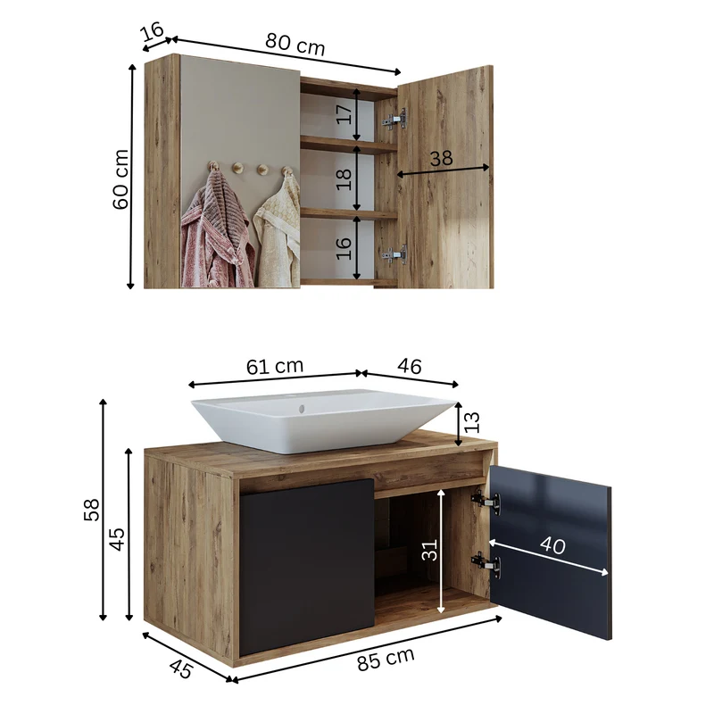 Roomart 3-teiliges Badmöbel-Set ATLANTIC, 85 cm, mit Aufsatzbecken und Spiegelschrank, in 5 Farben