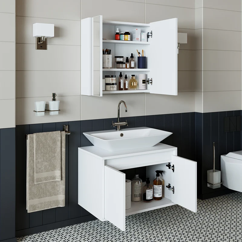 Roomart 3-teiliges Badmöbel-Set ATLANTIC, 65 cm, mit Aufsatzbecken und Spiegelschrank, in 5 Farben