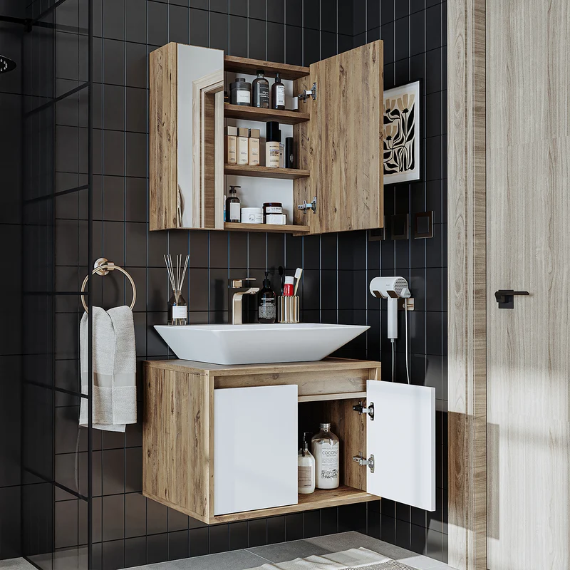 Roomart 3-teiliges Badmöbel-Set ATLANTIC, 65 cm, mit Aufsatzbecken und Spiegelschrank, in 5 Farben