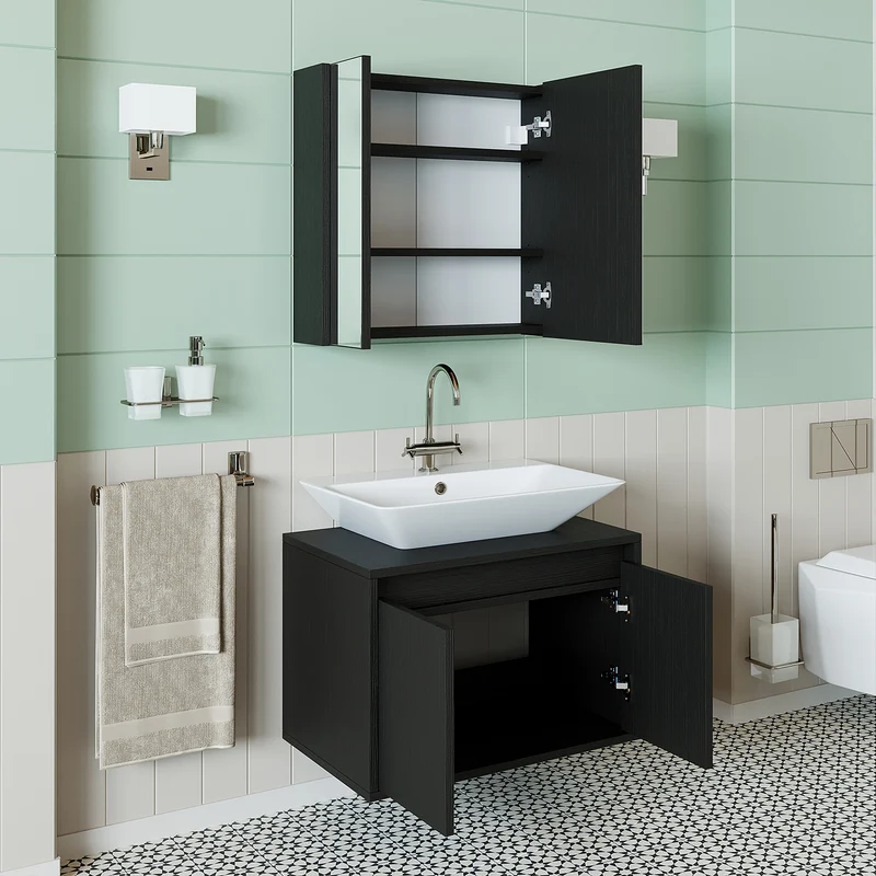 Roomart 3-teiliges Badmöbel-Set ATLANTIC, 65 cm, mit Aufsatzbecken und Spiegelschrank, in 5 Farben