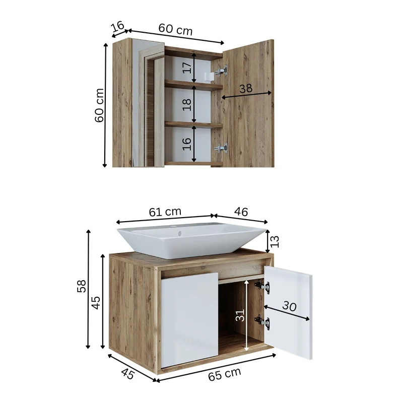Roomart 3-teiliges Badmöbel-Set ATLANTIC, 65 cm, mit Aufsatzbecken und Spiegelschrank, in 5 Farben