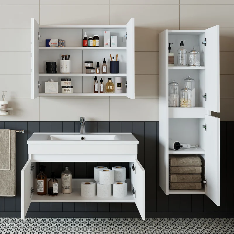 Roomart 4-teiliges Badmöbel-Set ATRIA, 85 cm, mit Spiegelschrank und Hochschrank, in 4 Farben