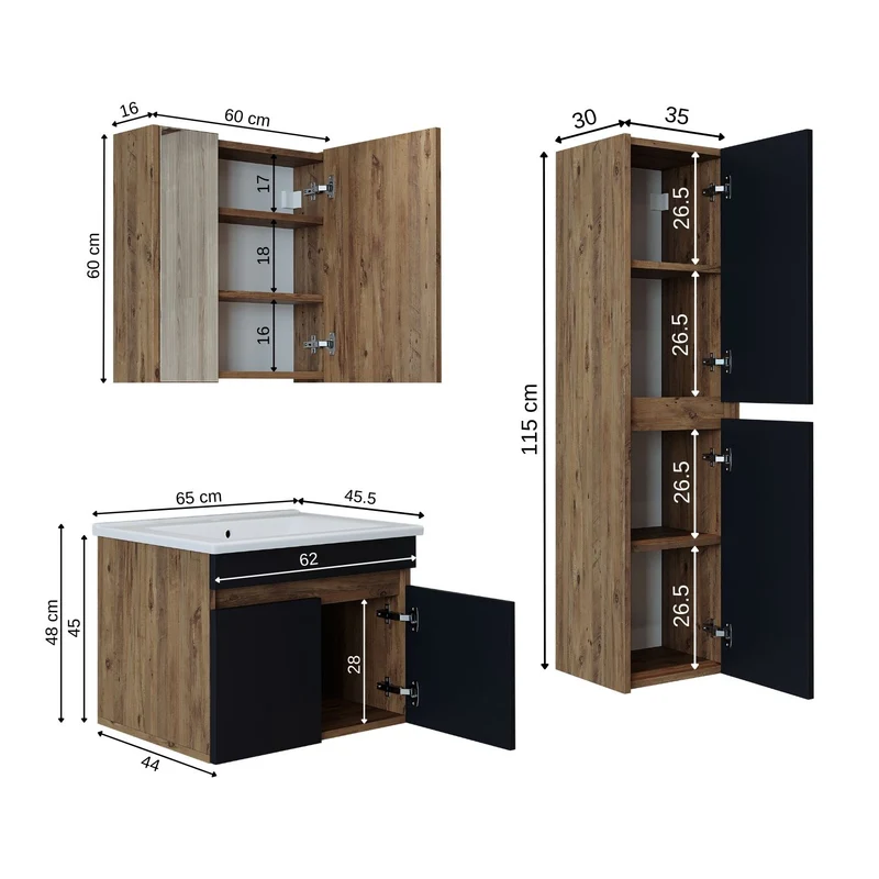 Roomart 4-teiliges Badmöbel-Set ATRIA, 65 cm, mit Spiegelschrank und Hochschrank, in 4 Farben