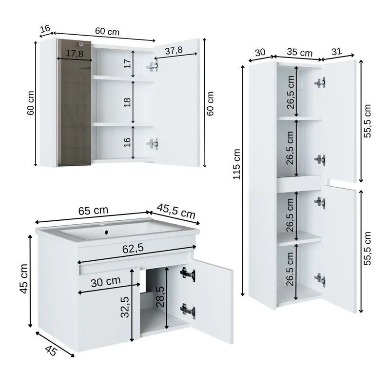 Roomart 4-teiliges Badmöbel-Set ATRIA, 65 cm, mit Spiegelschrank und Hochschrank, in 4 Farben
