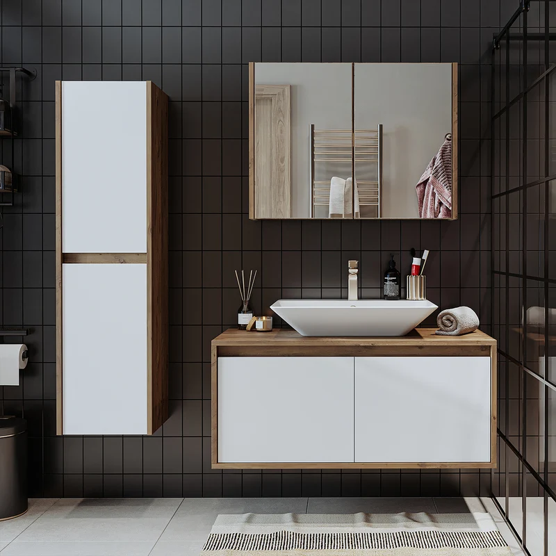 Roomart 4-teiliges Badmöbel-Set ATLANTIC, 100 cm, mit Spiegelschrank und Hochschrank, in 5 Farben
