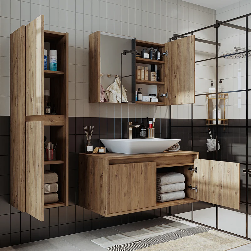 Roomart 4-teiliges Badmöbel-Set ATLANTIC, 100 cm, mit Spiegelschrank und Hochschrank, in 5 Farben