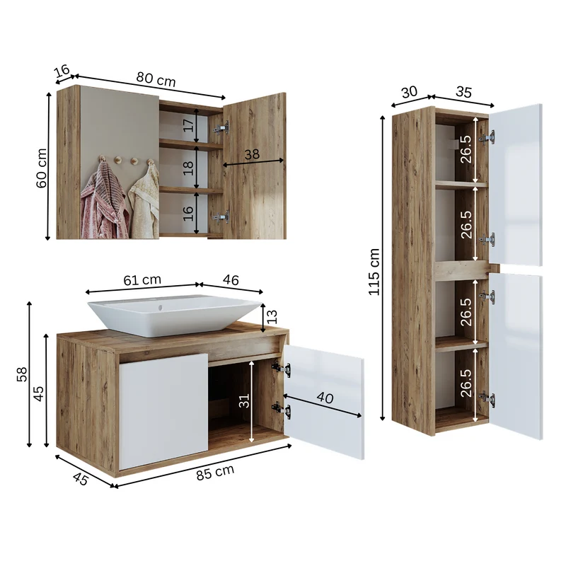 Roomart 4-teiliges Badmöbel-Set ATLANTIC, 85 cm, mit Spiegelschrank und Hochschrank, in 5 Farben
